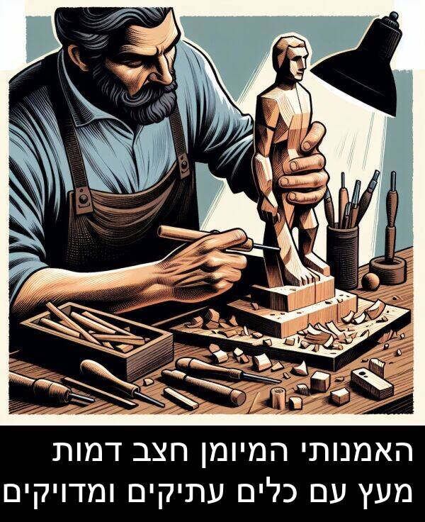 דמות: האמנותי המיומן חצב דמות מעץ עם כלים עתיקים ומדויקים.