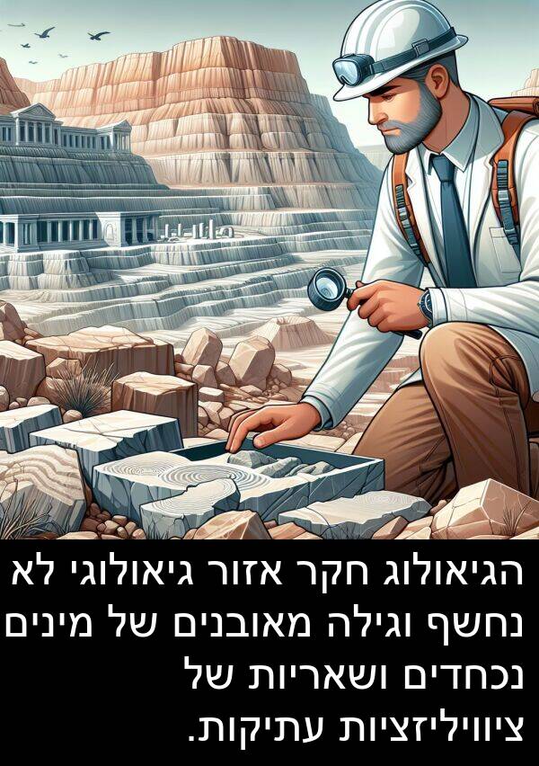 אזור: הגיאולוג חקר אזור גיאולוגי לא נחשף וגילה מאובנים של מינים נכחדים ושאריות של ציוויליזציות עתיקות.