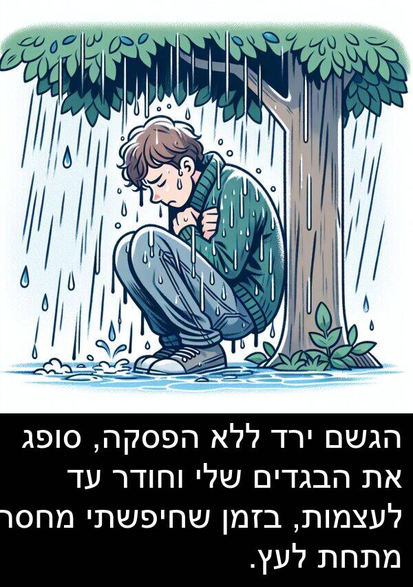 סופג: הגשם ירד ללא הפסקה, סופג את הבגדים שלי וחודר עד לעצמות, בזמן שחיפשתי מחסה מתחת לעץ.
