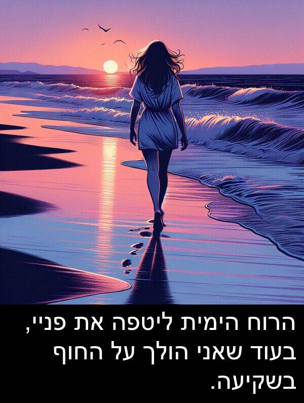 פניי: הרוח הימית ליטפה את פניי, בעוד שאני הולך על החוף בשקיעה.
