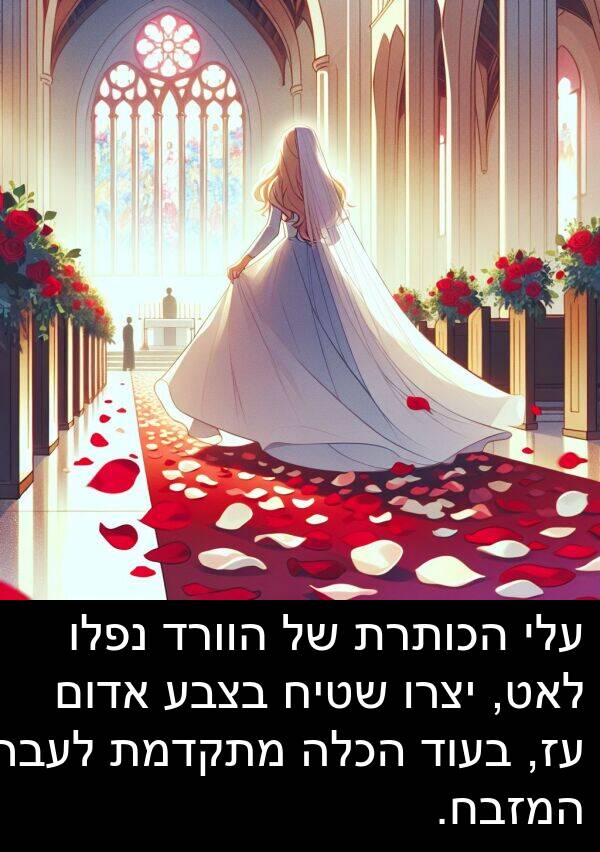 אדום: עלי הכותרת של הוורד נפלו לאט, יצרו שטיח בצבע אדום עז, בעוד הכלה מתקדמת לעבר המזבח.