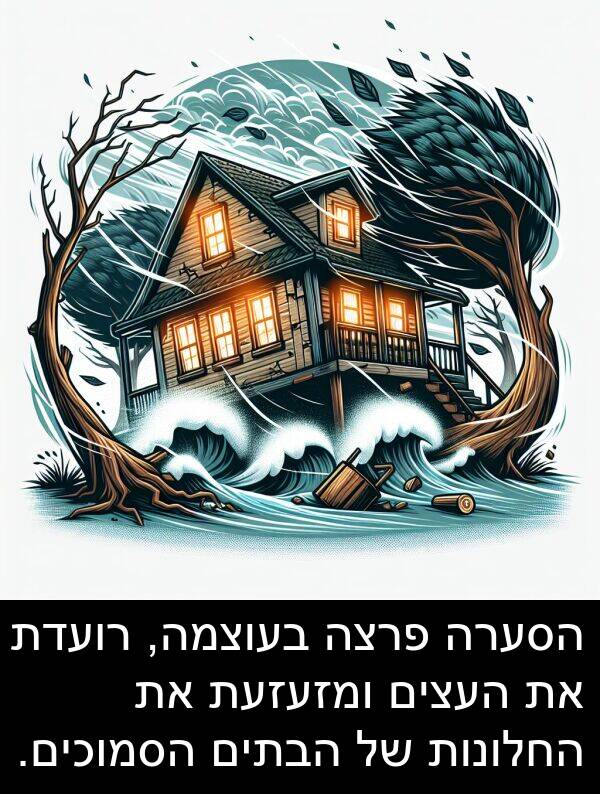 רועדת: הסערה פרצה בעוצמה, רועדת את העצים ומזעזעת את החלונות של הבתים הסמוכים.