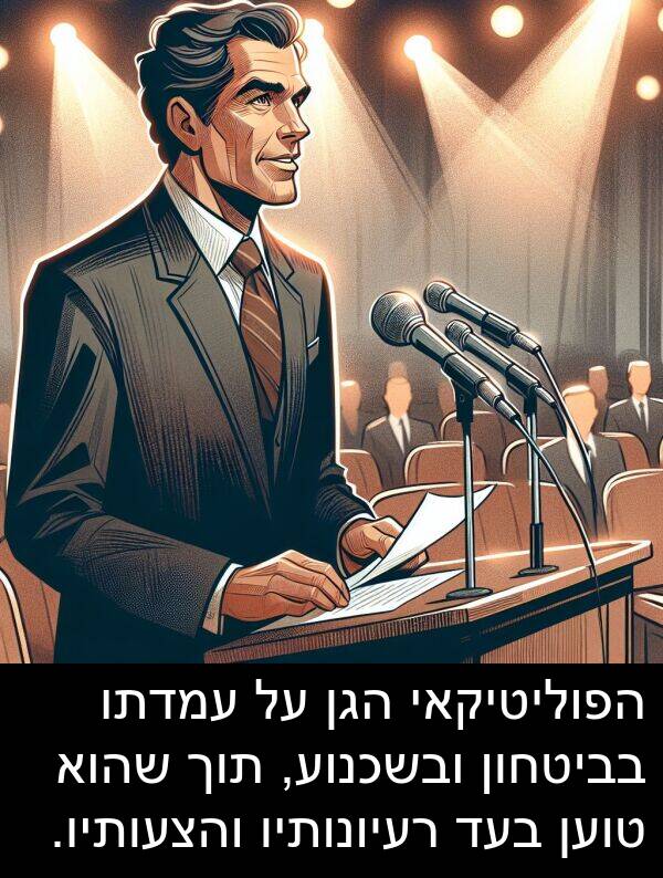 בביטחון: הפוליטיקאי הגן על עמדתו בביטחון ובשכנוע, תוך שהוא טוען בעד רעיונותיו והצעותיו.