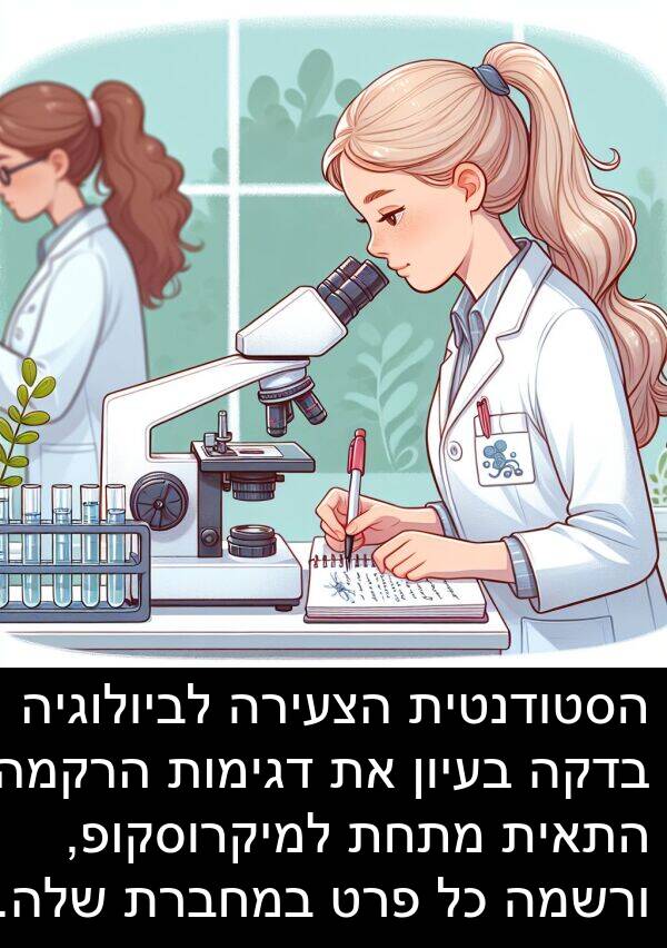 בדקה: הסטודנטית הצעירה לביולוגיה בדקה בעיון את דגימות הרקמה התאית מתחת למיקרוסקופ, ורשמה כל פרט במחברת שלה.