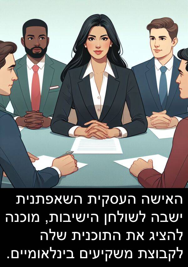 בינלאומיים: האישה העסקית השאפתנית ישבה לשולחן הישיבות, מוכנה להציג את התוכנית שלה לקבוצת משקיעים בינלאומיים.