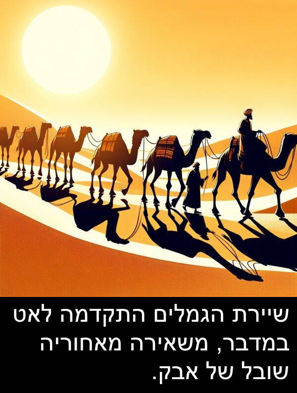 מאחוריה: שיירת הגמלים התקדמה לאט במדבר, משאירה מאחוריה שובל של אבק.