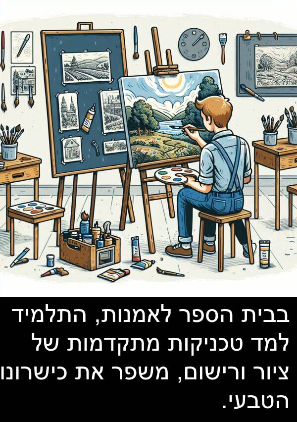ציור: בבית הספר לאמנות, התלמיד למד טכניקות מתקדמות של ציור ורישום, משפר את כישרונו הטבעי.
