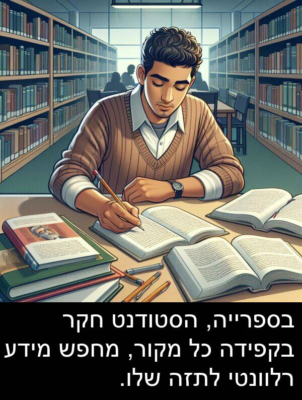 מקור: בספרייה, הסטודנט חקר בקפידה כל מקור, מחפש מידע רלוונטי לתזה שלו.