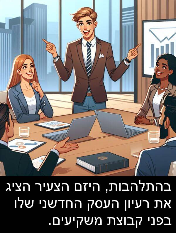 קבוצת: בהתלהבות, היזם הצעיר הציג את רעיון העסק החדשני שלו בפני קבוצת משקיעים.