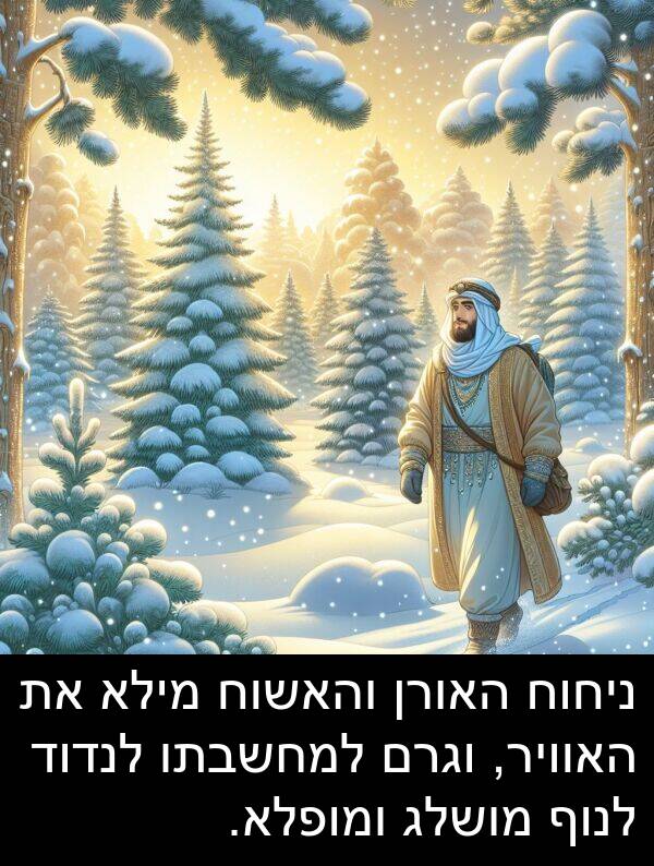 מושלג: ניחוח האורן והאשוח מילא את האוויר, וגרם למחשבתו לנדוד לנוף מושלג ומופלא.