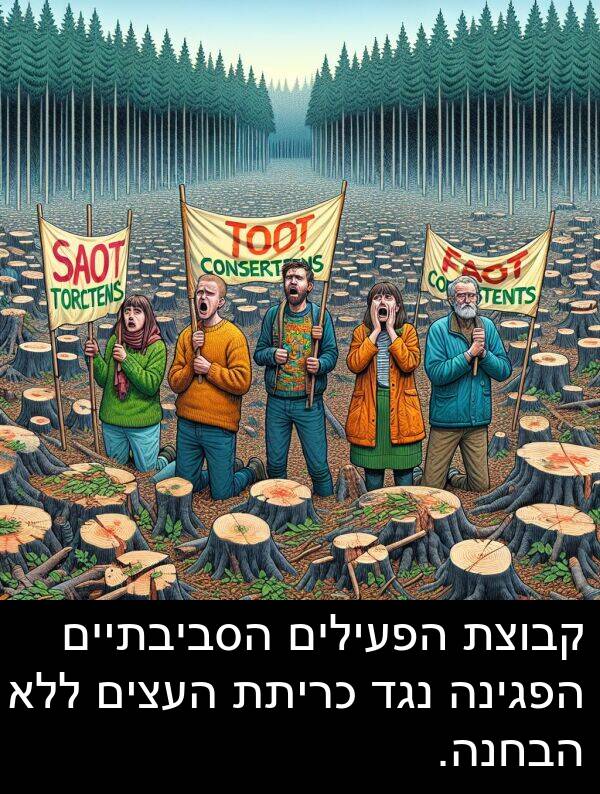 קבוצת: קבוצת הפעילים הסביבתיים הפגינה נגד כריתת העצים ללא הבחנה.