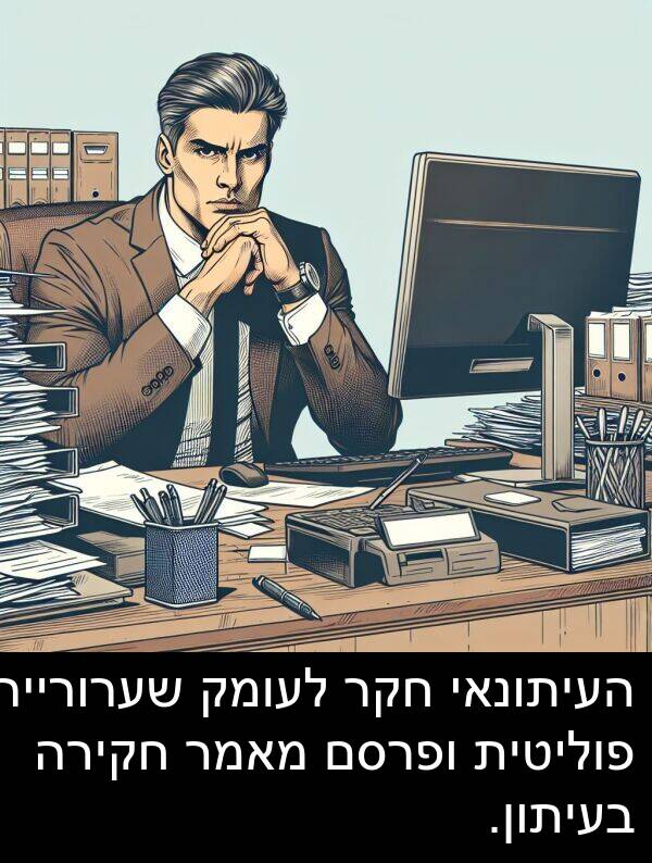 פוליטית: העיתונאי חקר לעומק שערורייה פוליטית ופרסם מאמר חקירה בעיתון.
