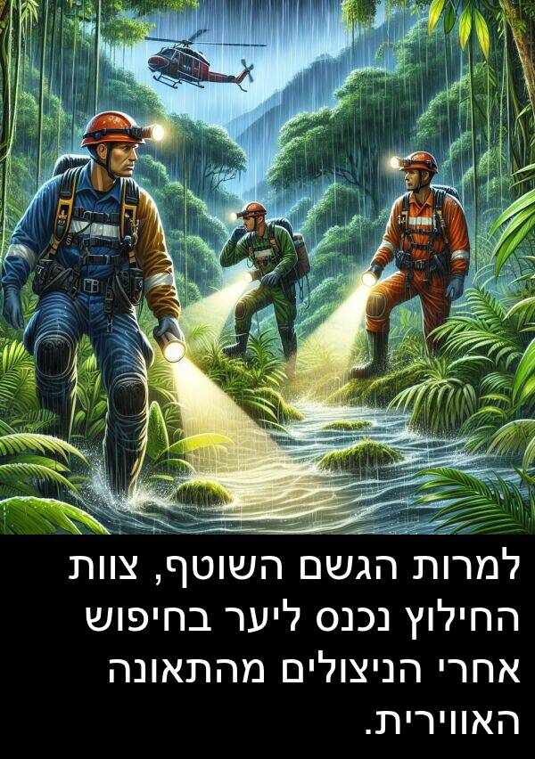צוות: למרות הגשם השוטף, צוות החילוץ נכנס ליער בחיפוש אחרי הניצולים מהתאונה האווירית.