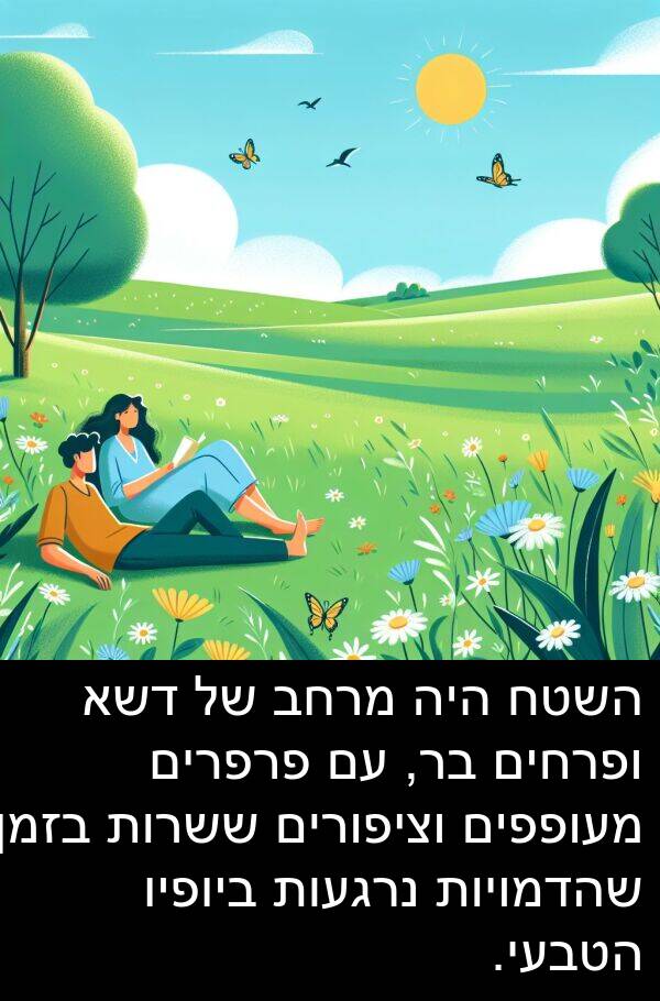 פרפרים: השטח היה מרחב של דשא ופרחים בר, עם פרפרים מעופפים וציפורים ששרות בזמן שהדמויות נרגעות ביופיו הטבעי.