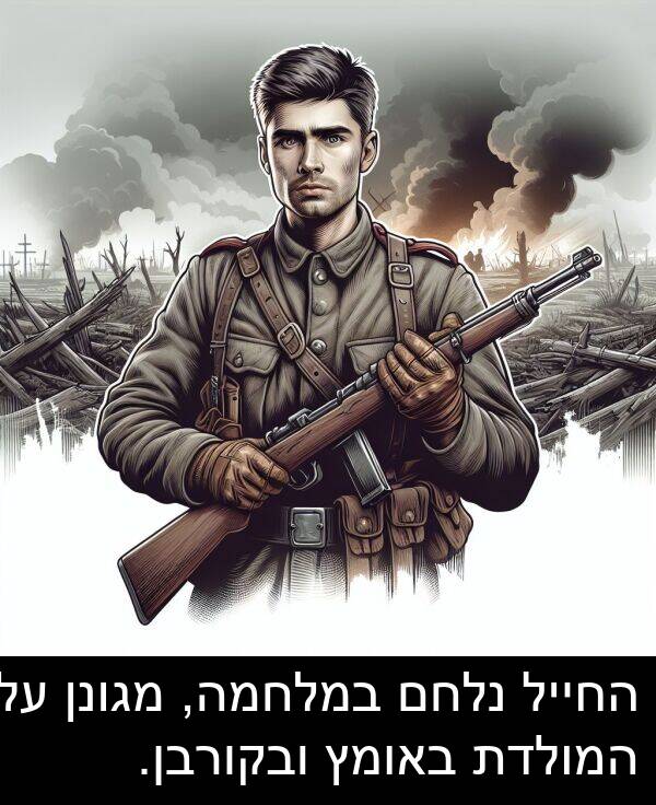 מגונן: החייל נלחם במלחמה, מגונן על המולדת באומץ ובקורבן.