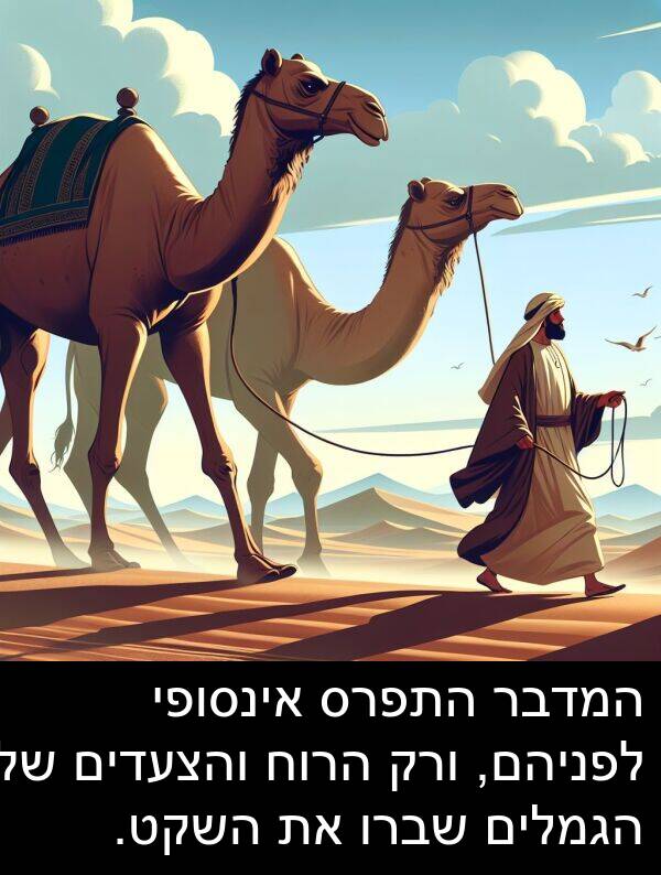 אינסופי: המדבר התפרס אינסופי לפניהם, ורק הרוח והצעדים של הגמלים שברו את השקט.