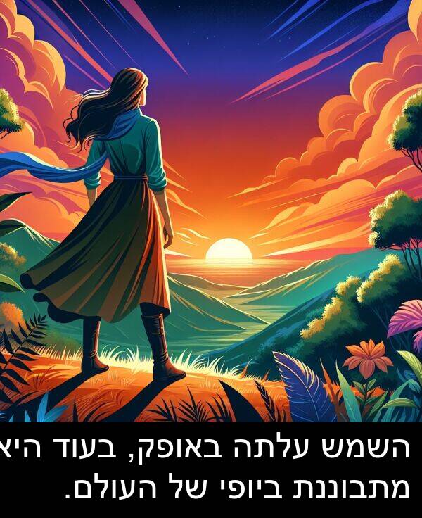 באופק: השמש עלתה באופק, בעוד היא מתבוננת ביופי של העולם.