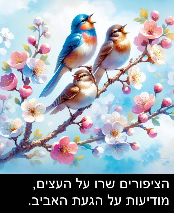 האביב: הציפורים שרו על העצים, מודיעות על הגעת האביב.