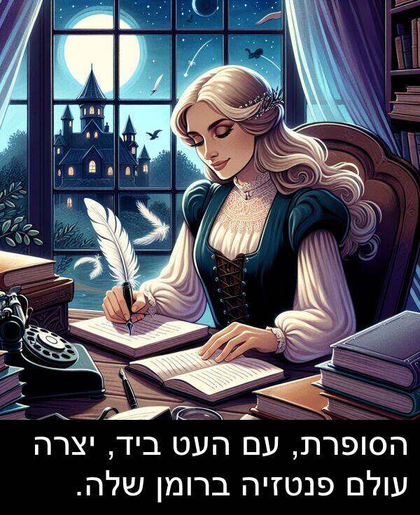 עולם: הסופרת, עם העט ביד, יצרה עולם פנטזיה ברומן שלה.