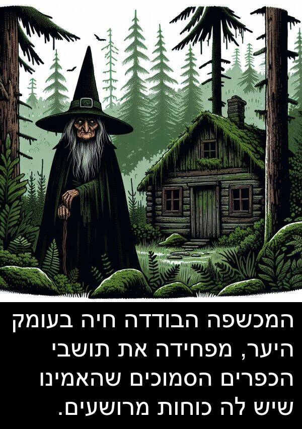 חיה: המכשפה הבודדה חיה בעומק היער, מפחידה את תושבי הכפרים הסמוכים שהאמינו שיש לה כוחות מרושעים.