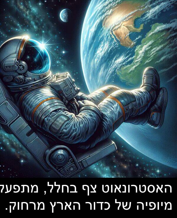 מרחוק: האסטרונאוט צף בחלל, מתפעל מיופיה של כדור הארץ מרחוק.