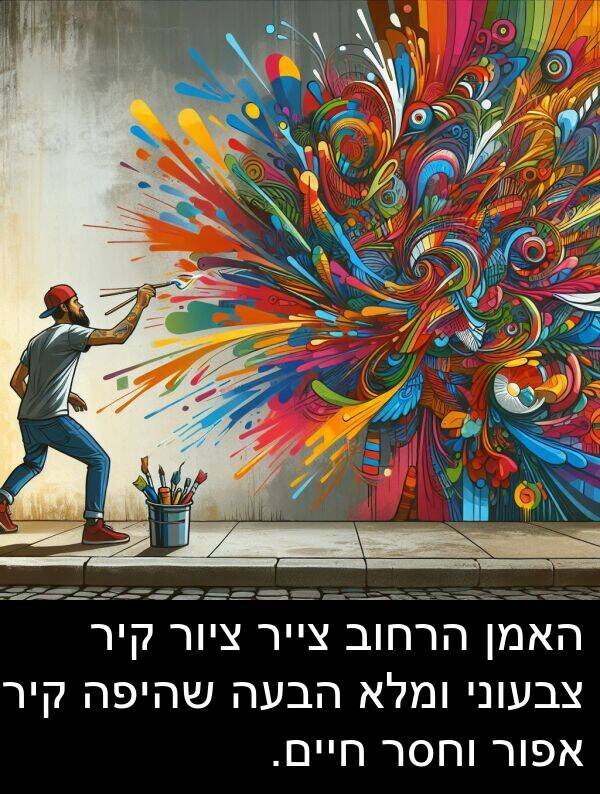 ציור: האמן הרחוב צייר ציור קיר צבעוני ומלא הבעה שהיפה קיר אפור וחסר חיים.
