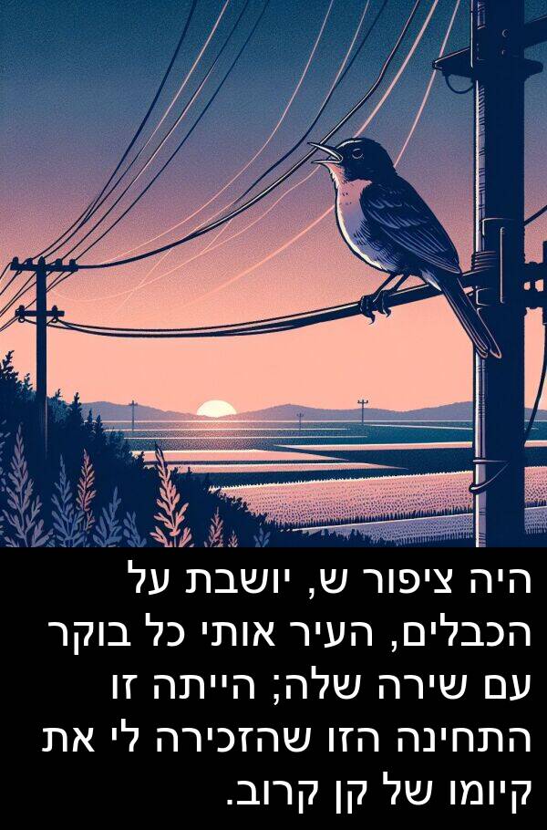 קיומו: היה ציפור ש, יושבת על הכבלים, העיר אותי כל בוקר עם שירה שלה; הייתה זו התחינה הזו שהזכירה לי את קיומו של קן קרוב.