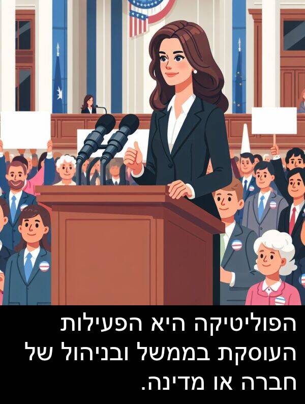 מדינה: הפוליטיקה היא הפעילות העוסקת בממשל ובניהול של חברה או מדינה.