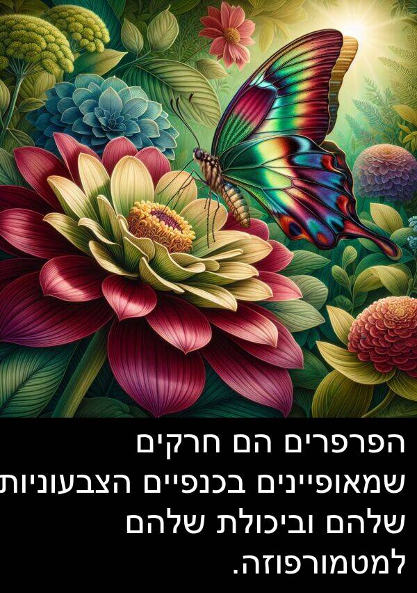 בכנפיים: הפרפרים הם חרקים שמאופיינים בכנפיים הצבעוניות שלהם וביכולת שלהם למטמורפוזה.
