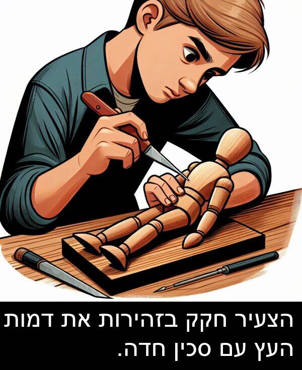 דמות: הצעיר חקק בזהירות את דמות העץ עם סכין חדה.