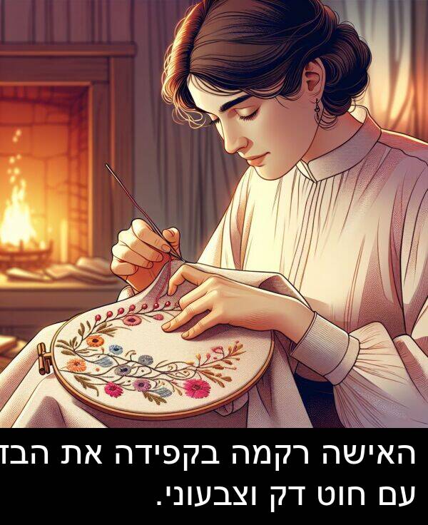 חוט: האישה רקמה בקפידה את הבד עם חוט דק וצבעוני.