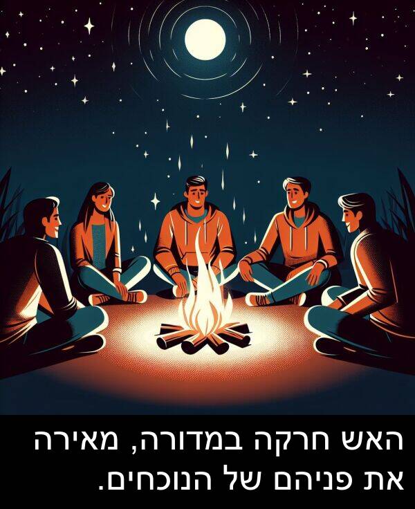 מאירה: האש חרקה במדורה, מאירה את פניהם של הנוכחים.