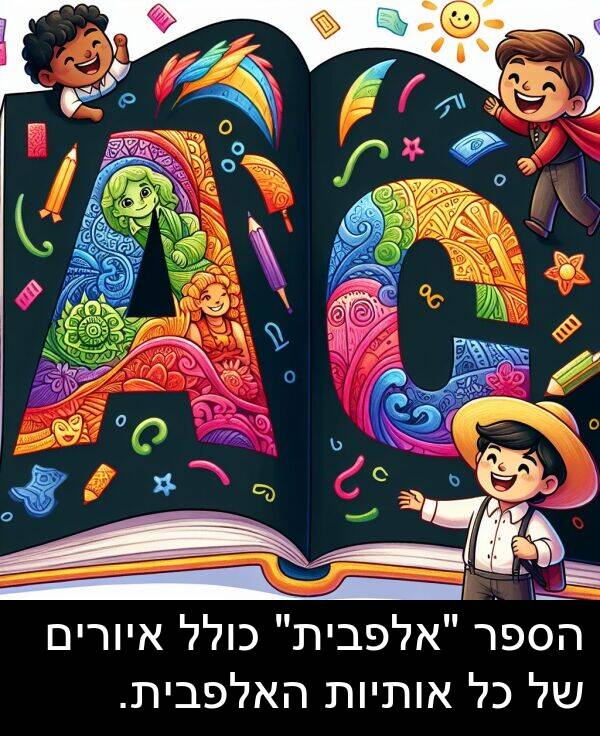 איורים: הספר "אלפבית" כולל איורים של כל אותיות האלפבית.