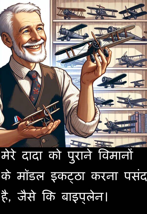 इकट्ठा: मेरे दादा को पुराने विमानों के मॉडल इकट्ठा करना पसंद है, जैसे कि बाइप्लेन।
