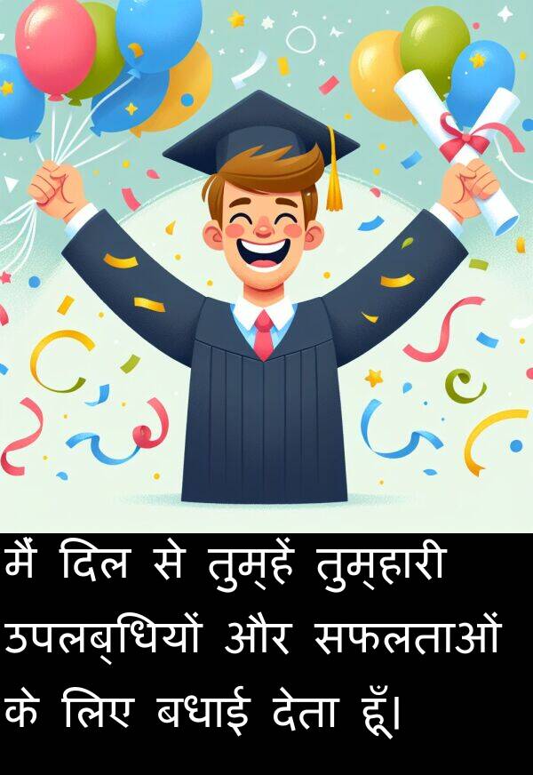 उपलब्धियों: मैं दिल से तुम्हें तुम्हारी उपलब्धियों और सफलताओं के लिए बधाई देता हूँ।