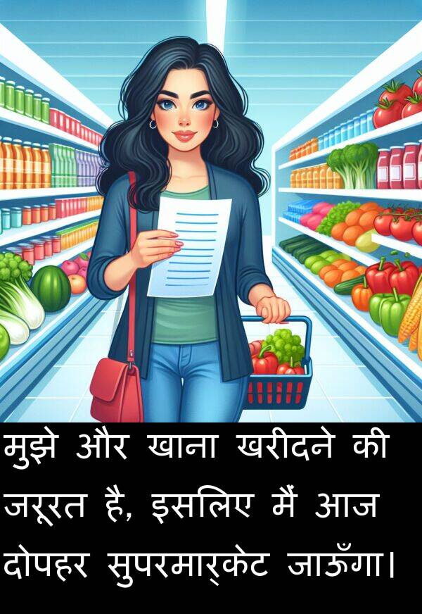 दोपहर: मुझे और खाना खरीदने की जरूरत है, इसलिए मैं आज दोपहर सुपरमार्केट जाऊँगा।