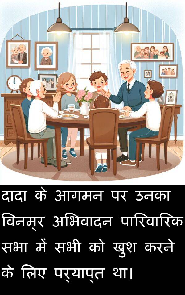 पर्याप्त: दादा के आगमन पर उनका विनम्र अभिवादन पारिवारिक सभा में सभी को खुश करने के लिए पर्याप्त था।