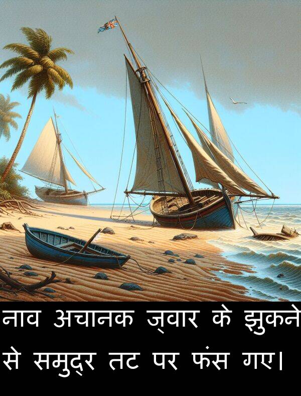 अचानक: नाव अचानक ज्वार के झुकने से समुद्र तट पर फंस गए।