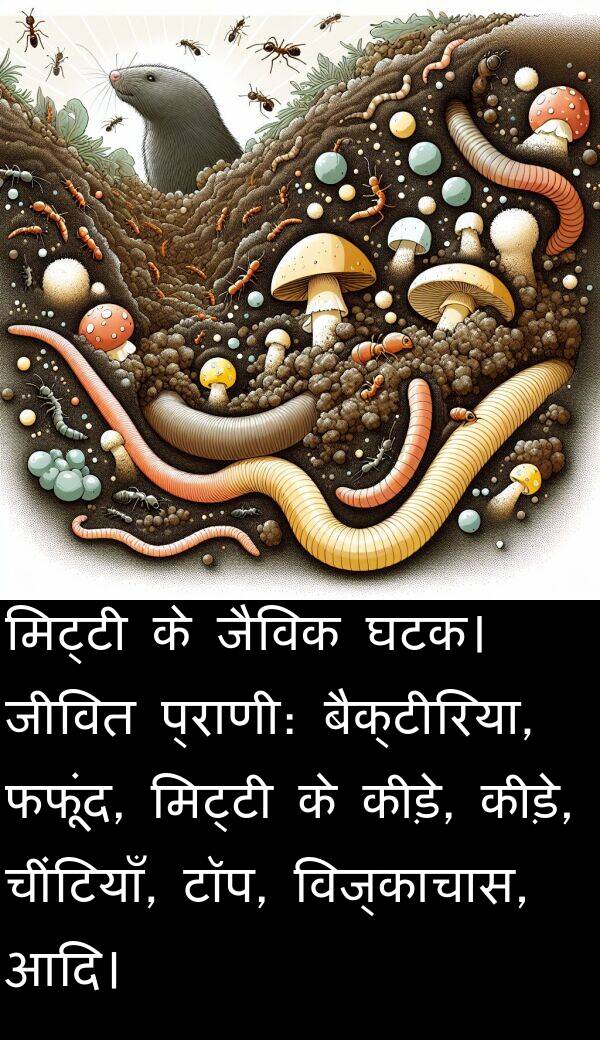 विज्काचास: मिट्टी के जैविक घटक। जीवित प्राणी: बैक्टीरिया, फफूंद, मिट्टी के कीड़े, कीड़े, चींटियाँ, टॉप, विज्काचास, आदि।