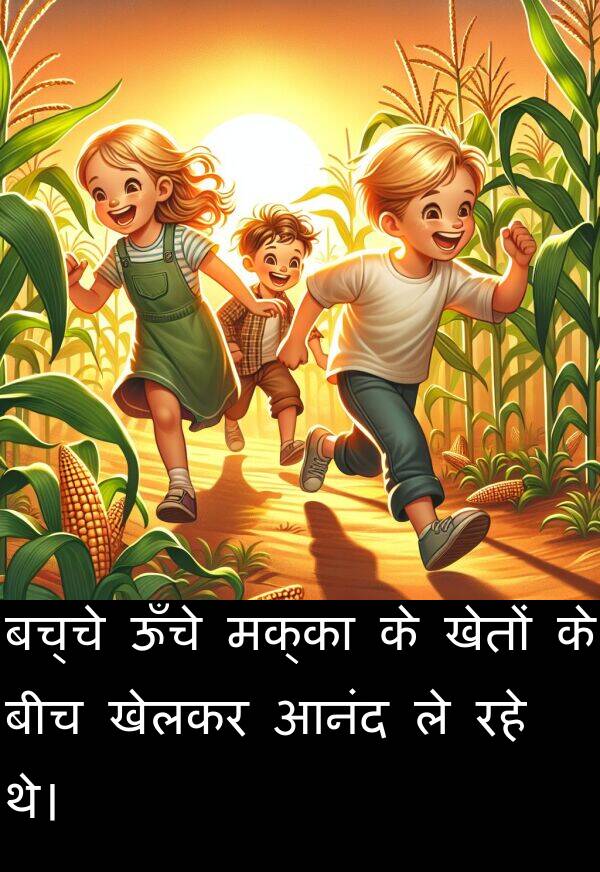 खेतों: बच्चे ऊँचे मक्का के खेतों के बीच खेलकर आनंद ले रहे थे।