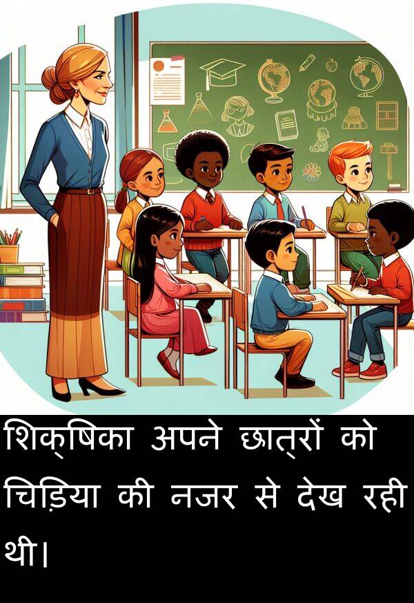छात्रों: शिक्षिका अपने छात्रों को चिड़िया की नजर से देख रही थी।