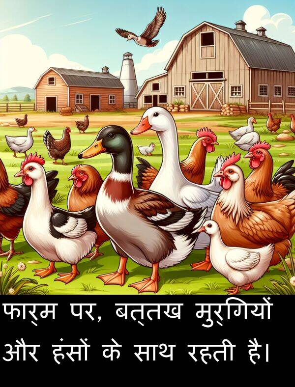 पर: फार्म पर, बत्तख मुर्गियों और हंसों के साथ रहती है।