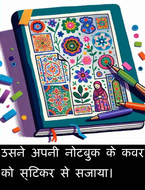 उसने: उसने अपनी नोटबुक के कवर को स्टिकर से सजाया।