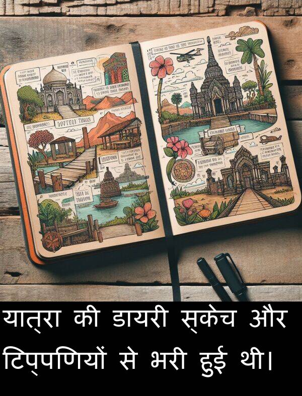 यात्रा: यात्रा की डायरी स्केच और टिप्पणियों से भरी हुई थी।