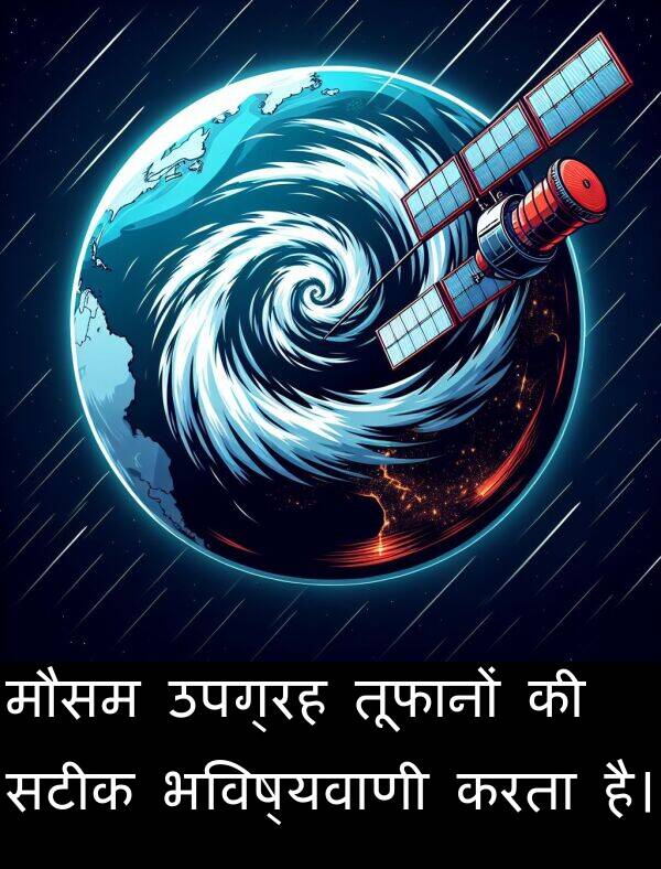 उपग्रह: मौसम उपग्रह तूफानों की सटीक भविष्यवाणी करता है।
