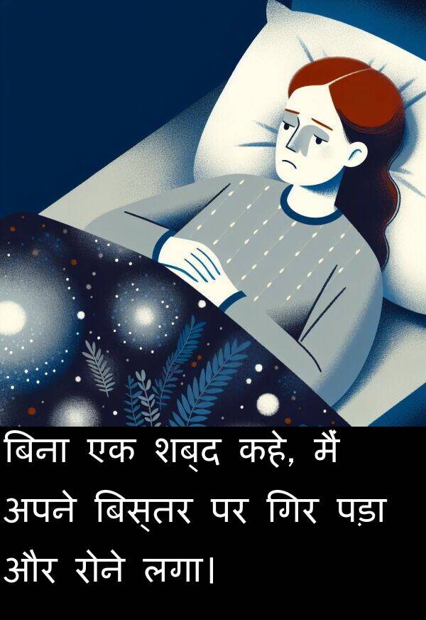 लगा।: बिना एक शब्द कहे, मैं अपने बिस्तर पर गिर पड़ा और रोने लगा।