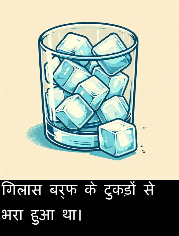 टुकड़ों: गिलास बर्फ के टुकड़ों से भरा हुआ था।