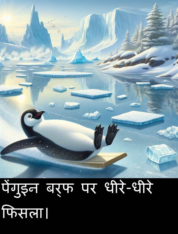 बर्फ: पेंगुइन बर्फ पर धीरे-धीरे फिसला।