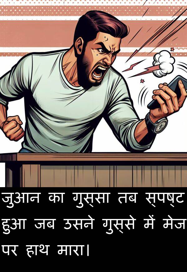 गुस्से: जुआन का गुस्सा तब स्पष्ट हुआ जब उसने गुस्से में मेज पर हाथ मारा।