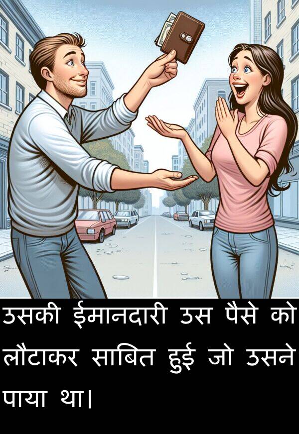लौटाकर: उसकी ईमानदारी उस पैसे को लौटाकर साबित हुई जो उसने पाया था।